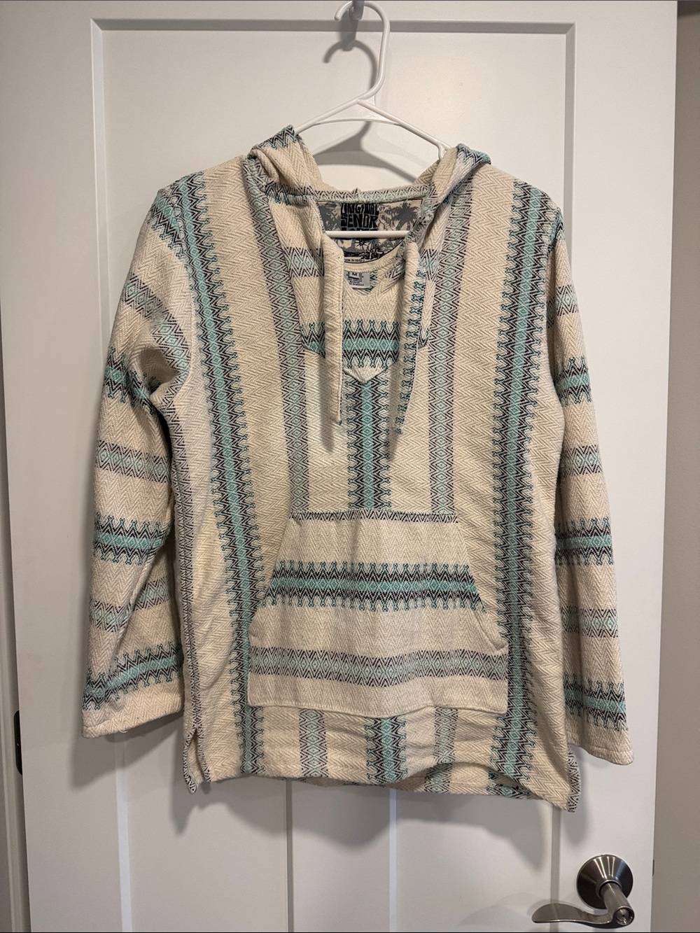 Original Senior Lopez Baja Pullover Hoodie Size M Teal Cream Southwestern